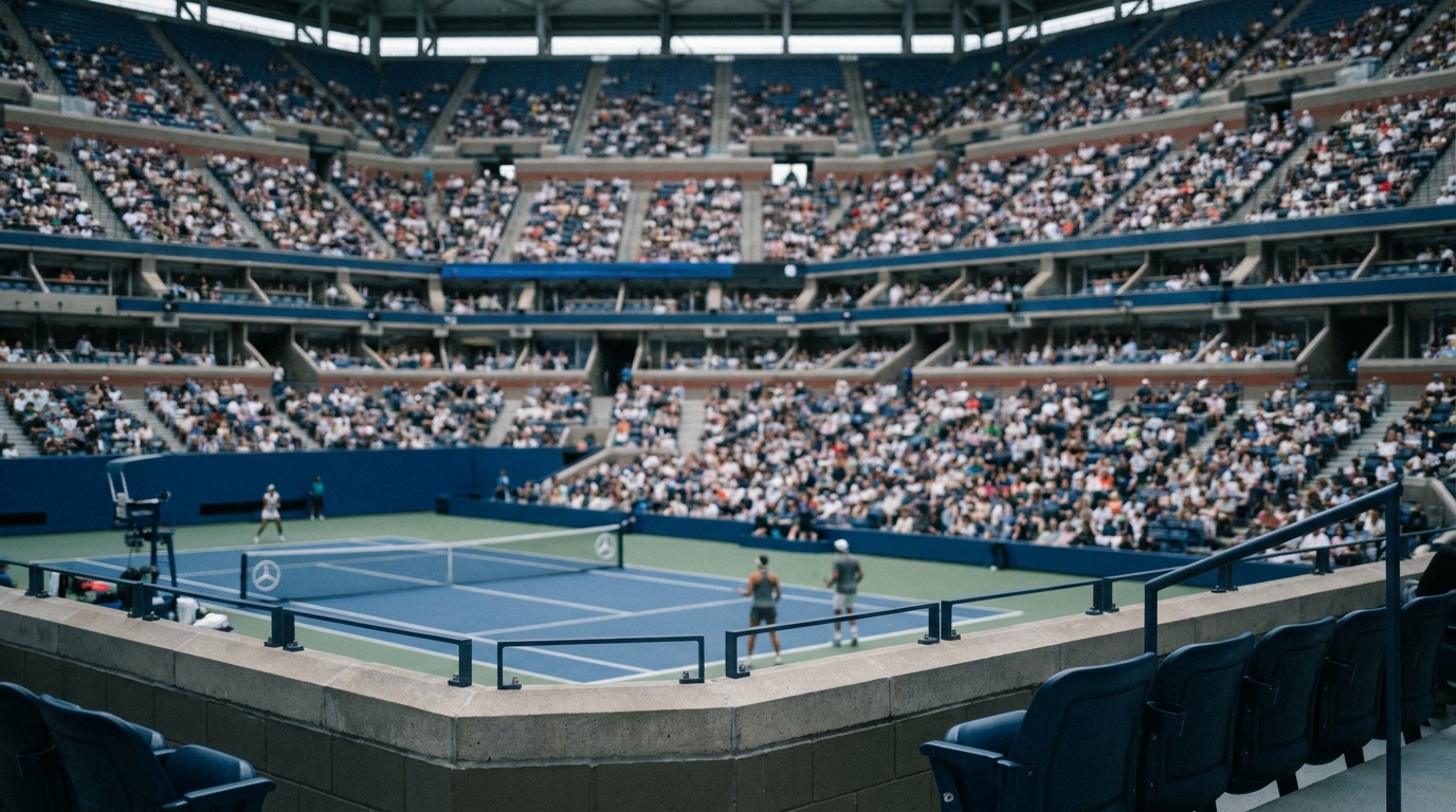 Blue tennis court and crowded spectator stands inside Arthur Ashe Stadium in New York.